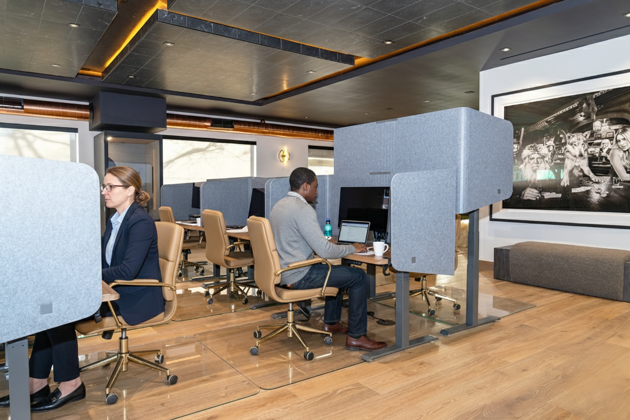 People working together in large open area