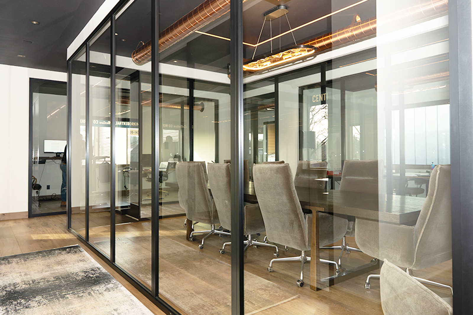 Businessman and businesswoman walking through neighborhood
