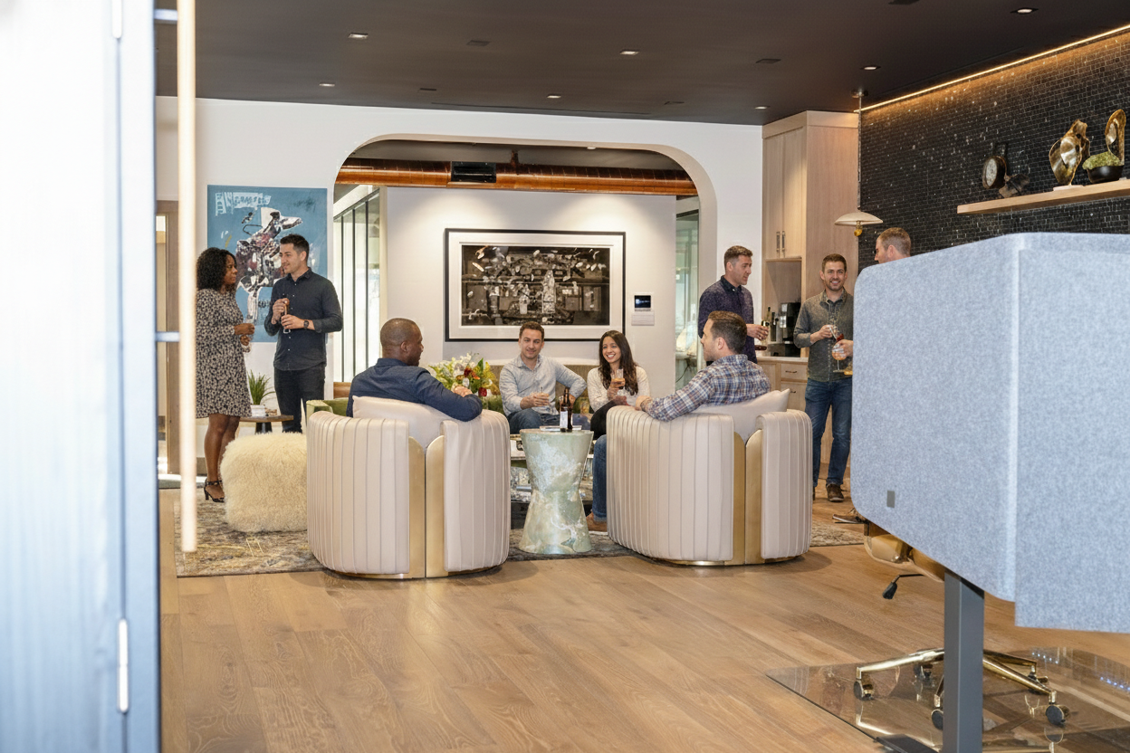 People chatting and laughing together in office